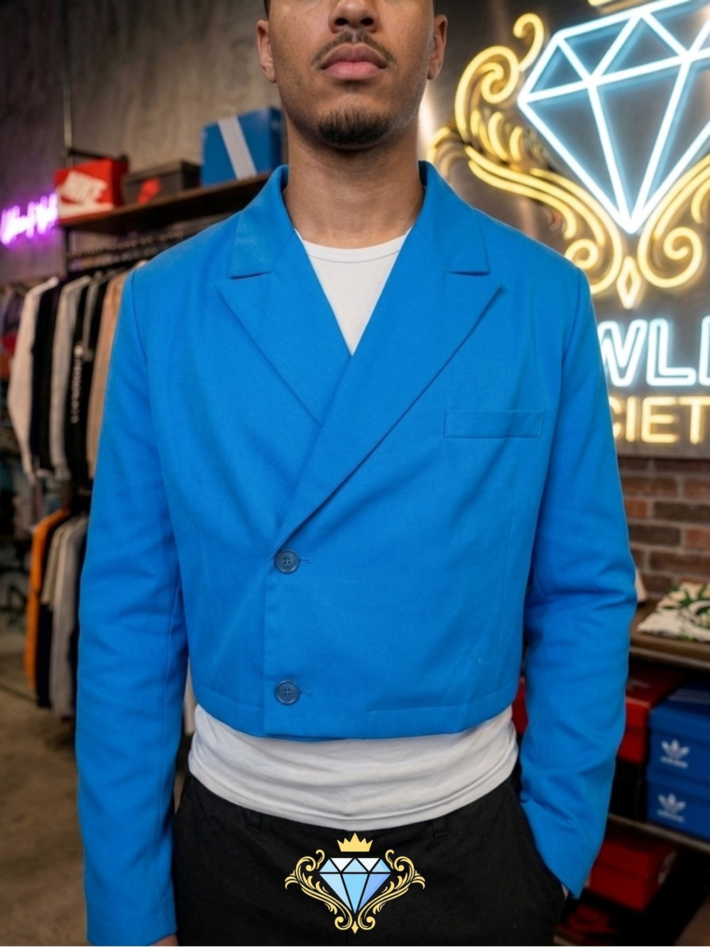 SHEIN Men’s Bright Blue Cropped Blazer Jacket Lightweight Size L Streetwear